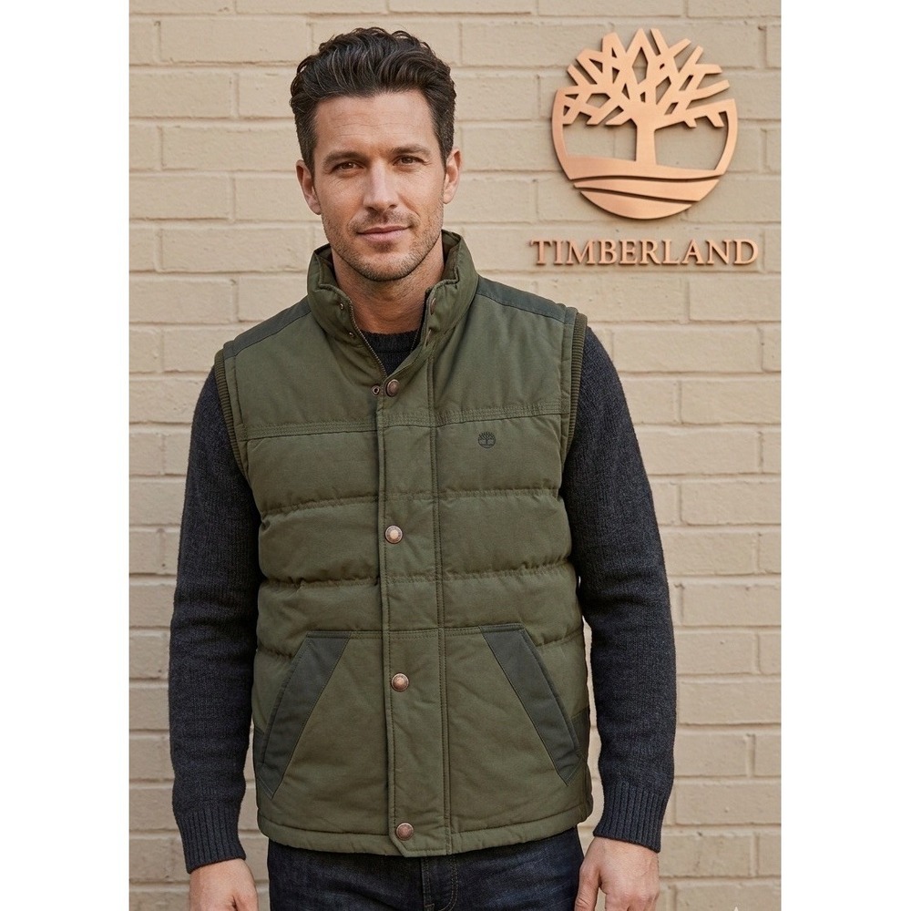 🔥Timberland 🤑 Luxury Green Puffer Vest Down Duck Fill Quilted Jacket Large